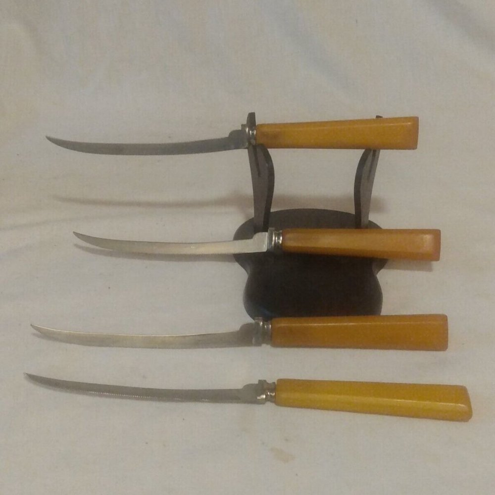 4 Vtg Henrys Butterscotch Bakelite Handle Stainless Steel Steak Tomato Knives